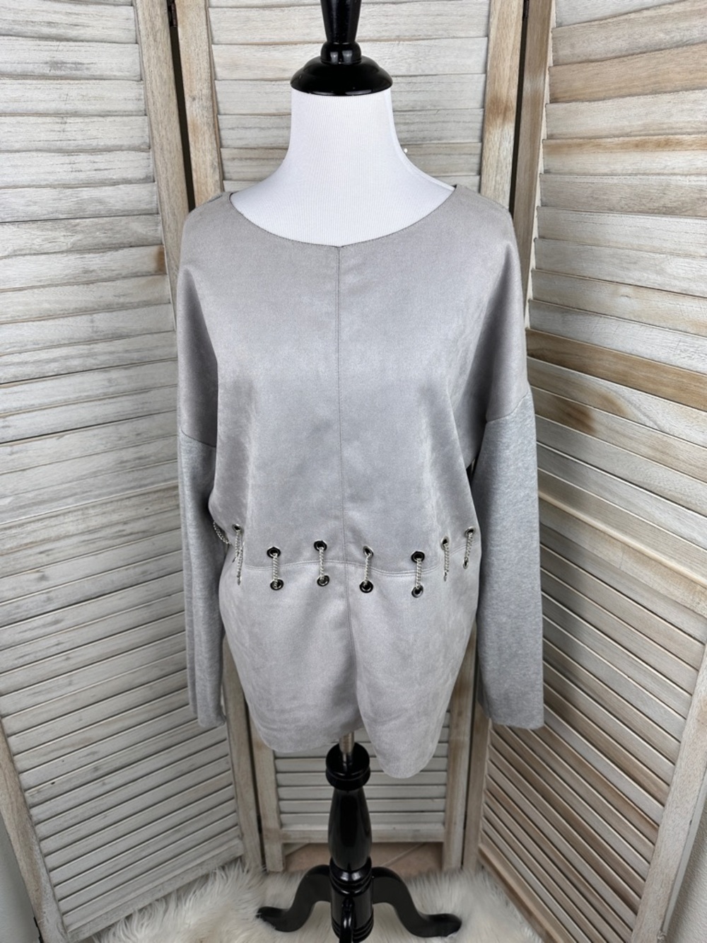 Made in Italy Sofia Designer Grey Suede Rib Knit Chain Embellished Top Size L
